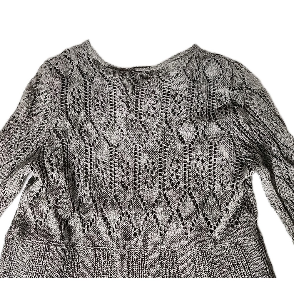 Christina V Women's Medium Crochet‎ Sweater Long Sleeve Gray Toole Trim Boho EUC - Picture 4 of 13